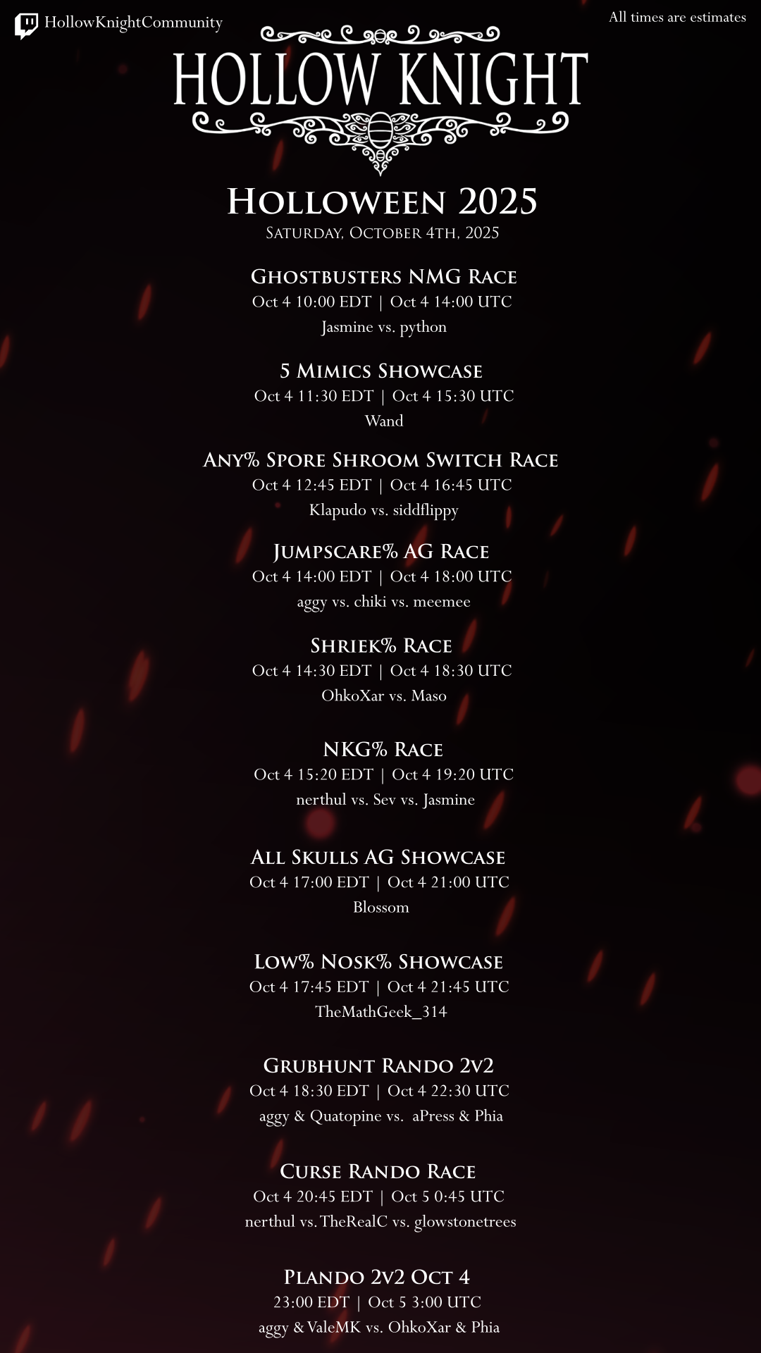 An image with the Holloween schedule. Schedule transcript is in the table below.