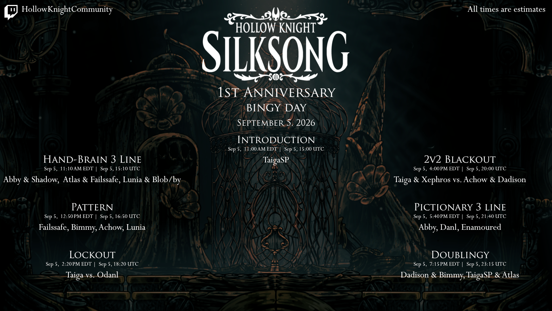 An image with the Silksong 1st Anniversary Bingy Day schedule. Schedule transcript is in the table below.