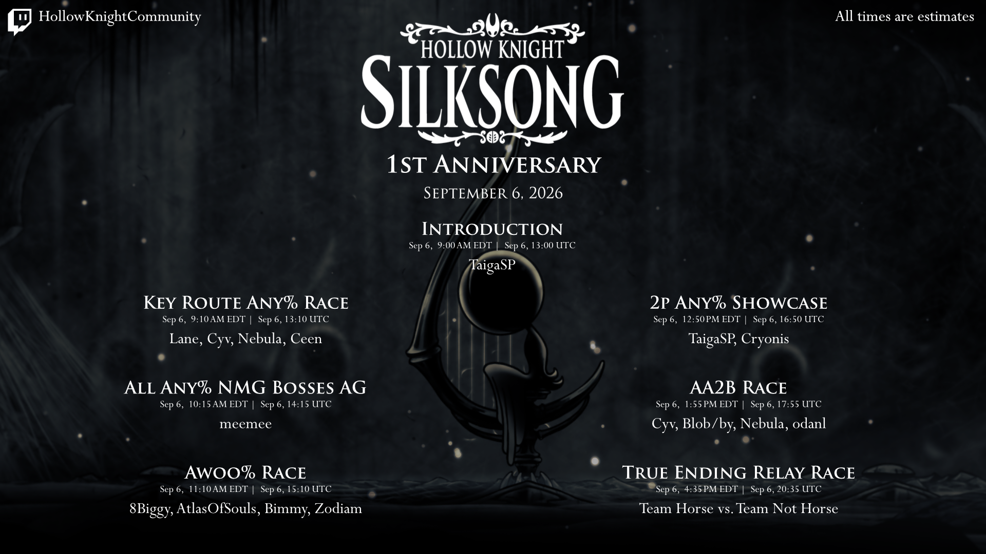 An image with the Silksong 1st Anniversary schedule. Schedule transcript is in the table below.
