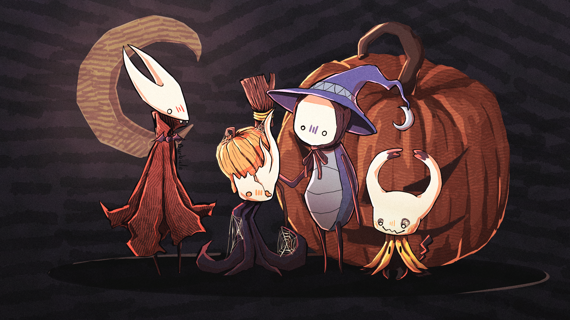 Hornet, Quirrel, the Knight, and Broken Vessel in costume standing in front of a Jack-O-Lantern and crescent moon.