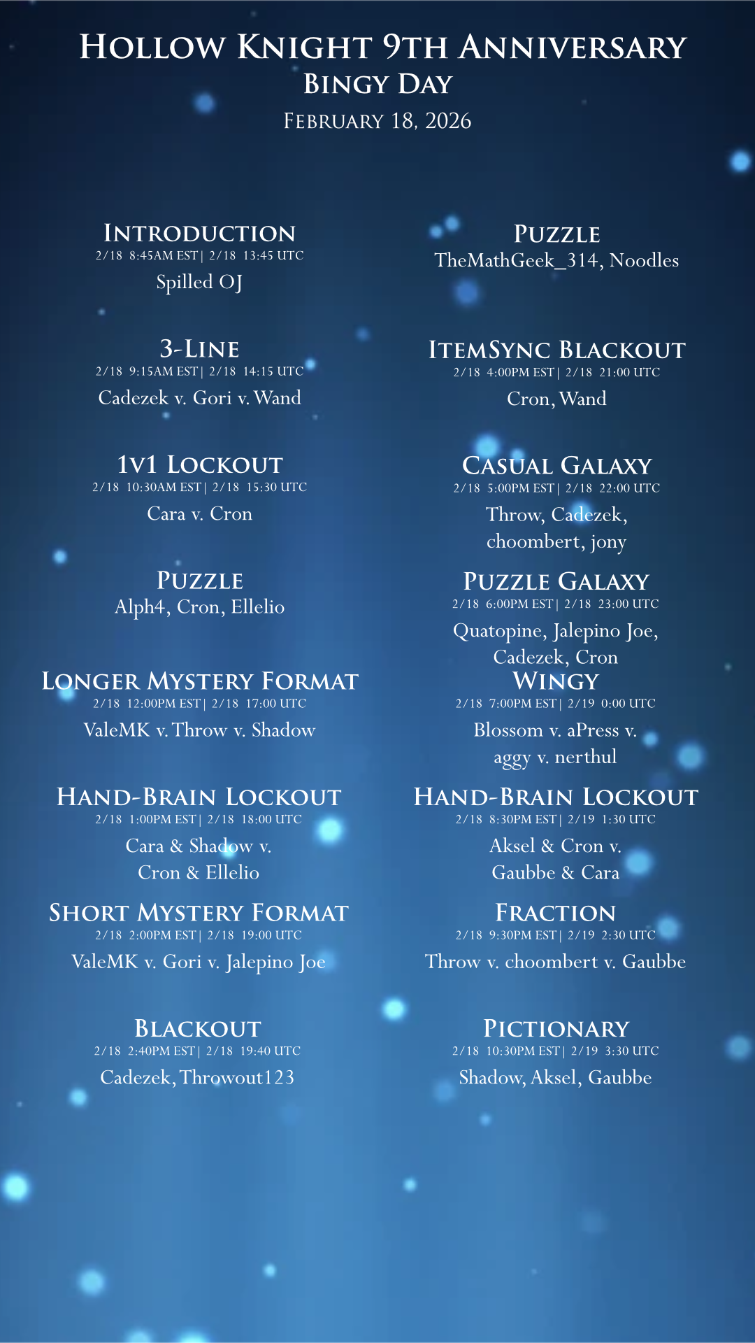 An image with the HK9Y bingy day schedule. Schedule transcript is in the table below.