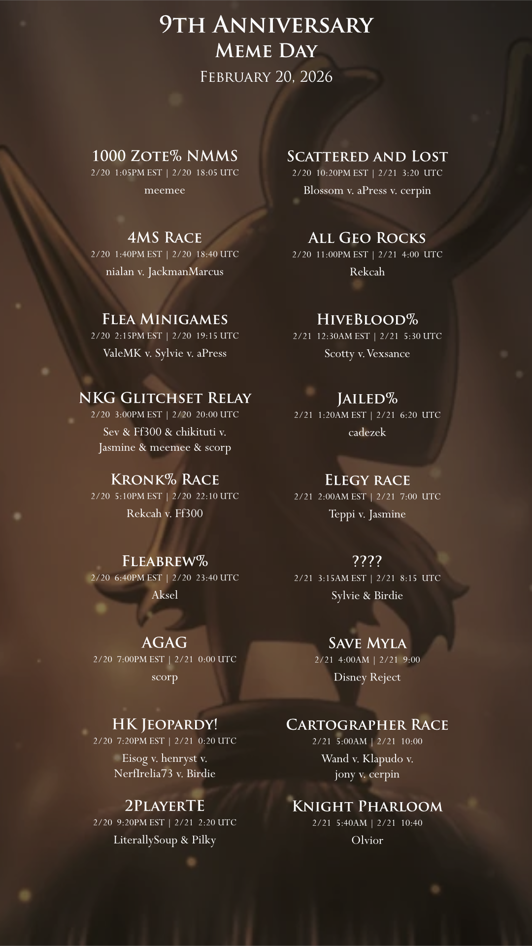 An image with the HK9Y meme day schedule. Schedule transcript is in the table below.