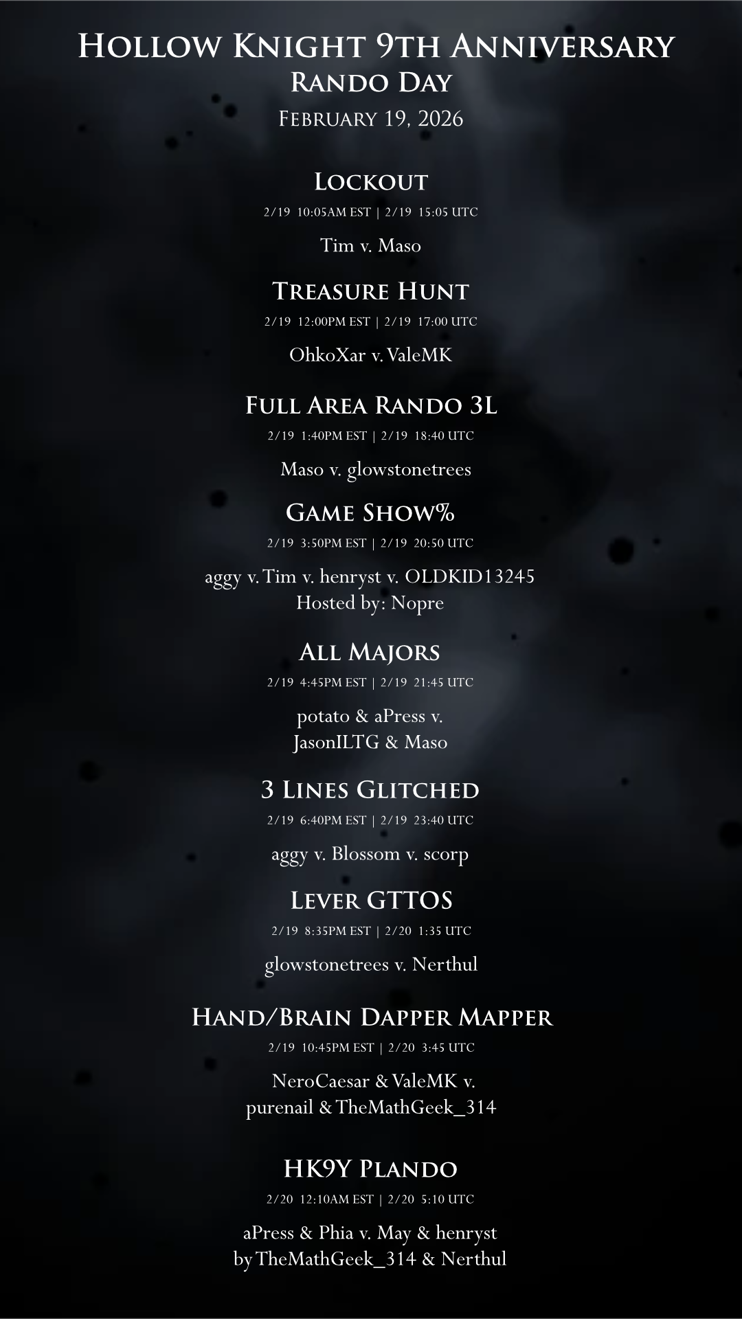 An image with the HK9Y rando day schedule. Schedule transcript is in the table below.