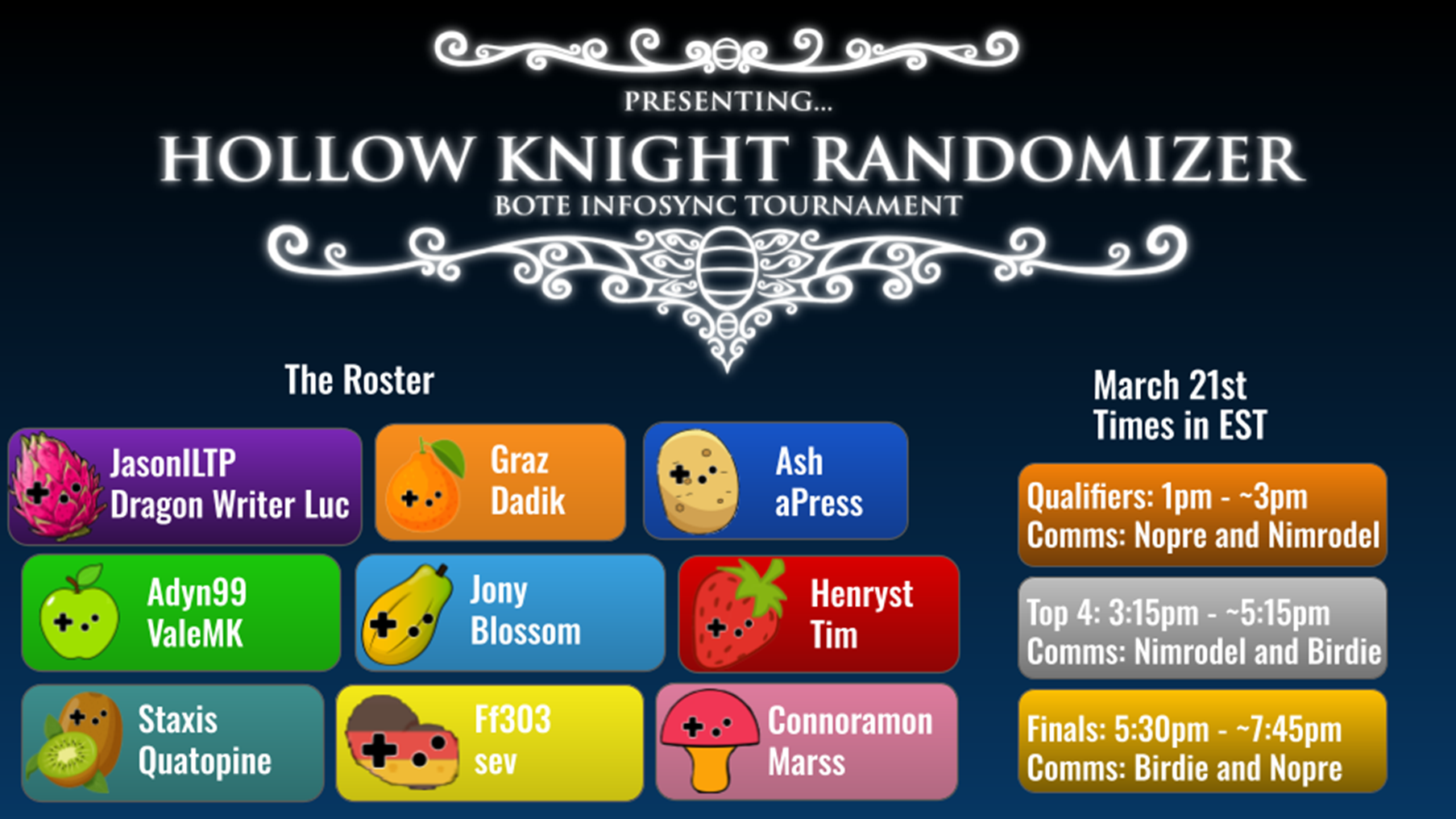 An image with the roster for the BOTE tournament with images representing each. The team list is: JasonILTG and Dragon Writer Luc (Team Dragonfruit), Graz and Dadik (Team Minneola Tangelo), Ash and aPress (Team Potato), Adyn99 and ValeMK (Team Green Apple), Jony and Blossom (Team Papaya), HenryST and Tim (Team Strawberry), Staxis and Quatopine (Team Kiwi), Ff300 and Sev (Team Kartoffel), and Connoramon and Mars (Team Mushroom).