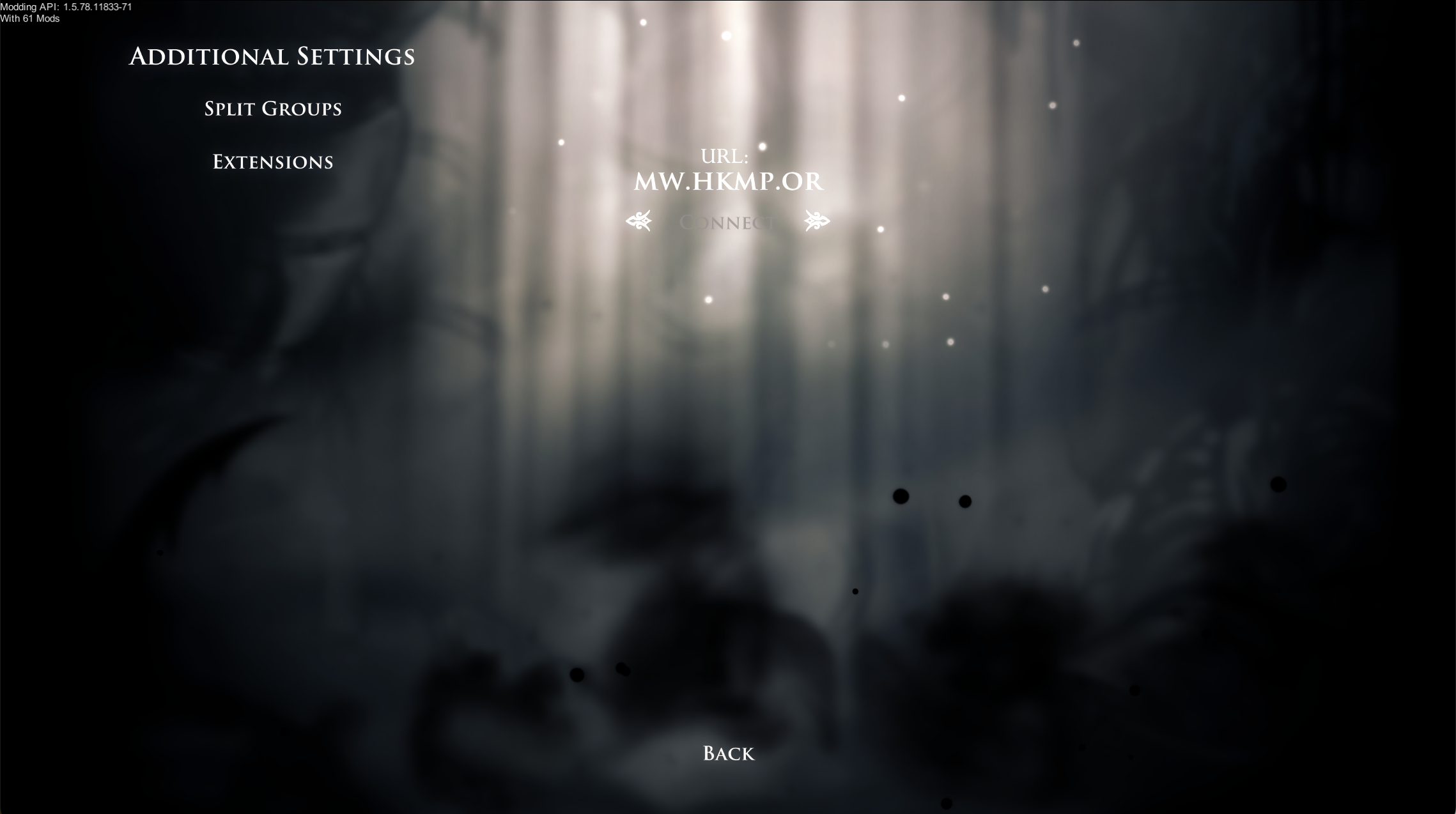 A screenshot of the Randomizer 4 multiworld menu. In the center of the screen there is a URL field with the value mw.hkmp.org entered, and a Connect button directly below it, which is highlighted.