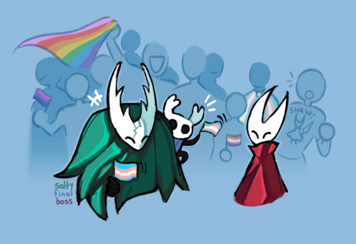The Hollow Knight, the Knight, and Hornet holding flags at a pride parade.